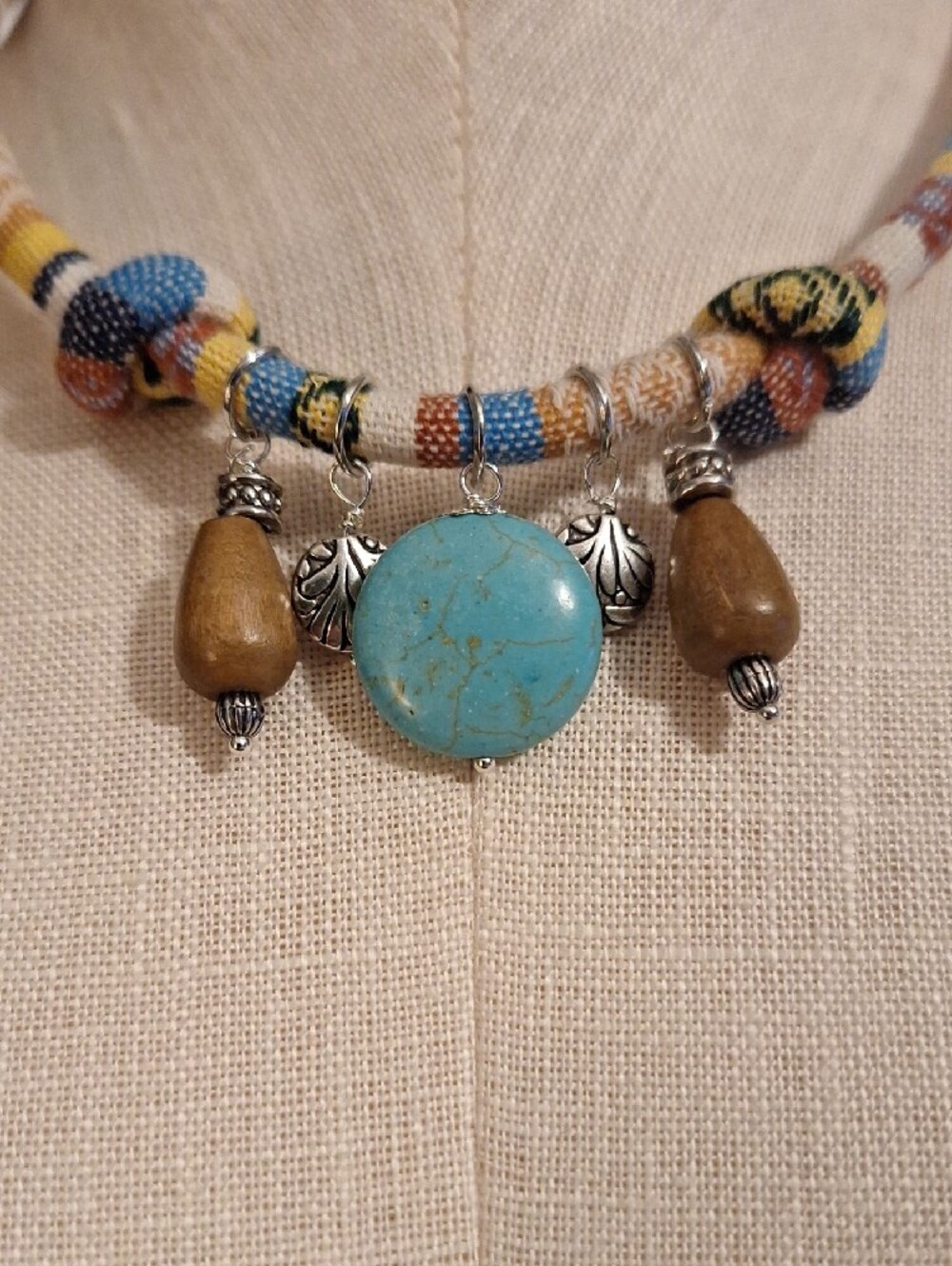 Boho Turquoise Pendant Bead Necklace On Multicolor Fabric Cord - Picture 2 of 7